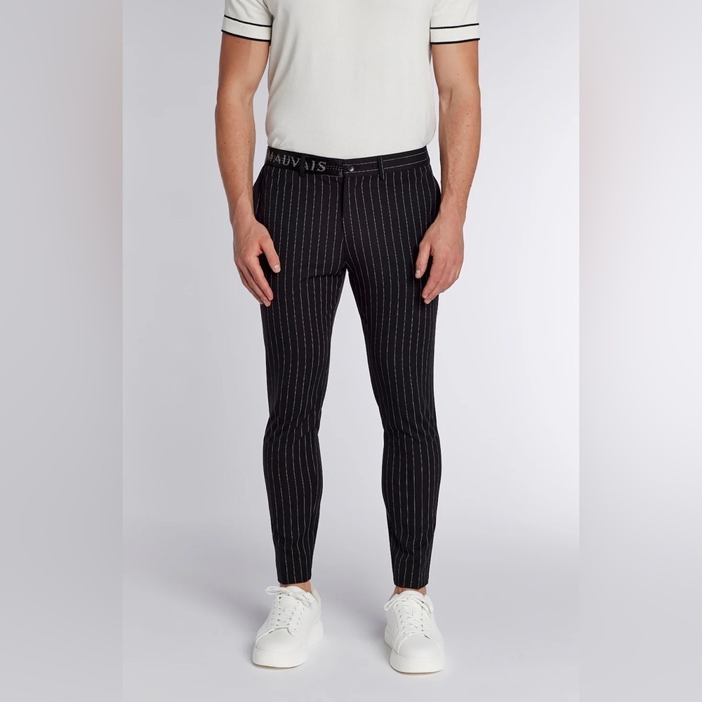 mauvais Men’s pinstripe trousers with half belt Black Size 32